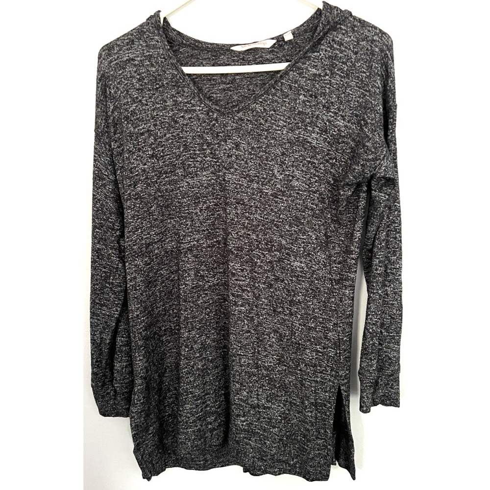 Soft Surroundings Heathered Knit Top Women XS Vneck 3/4 Sleeve Cowl Back Hooded